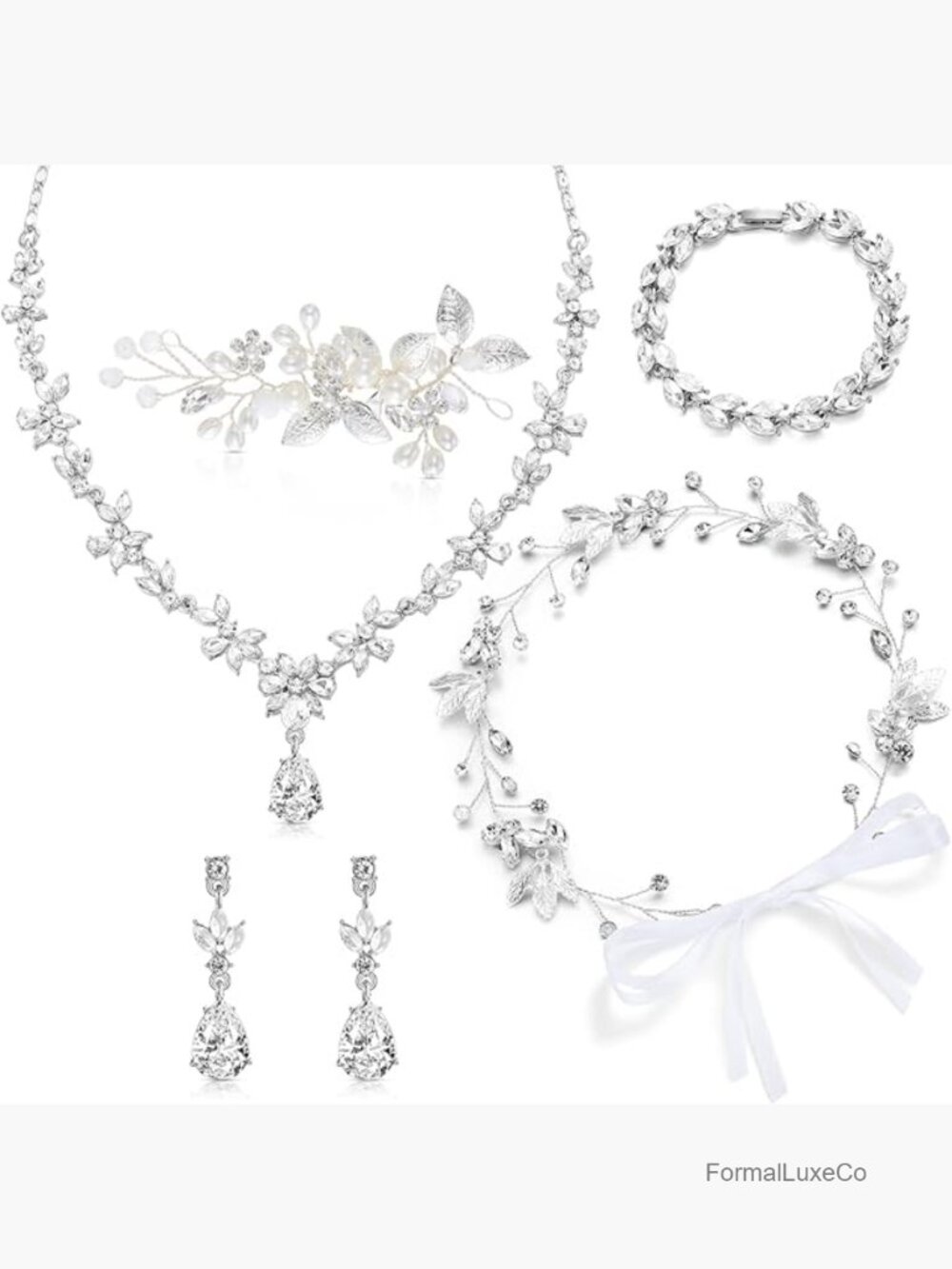 5pc Rhinestone Wedding Jewelry Set - Necklace Earrings Bracelet Headpiece Belt